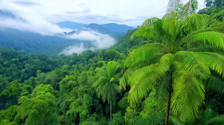 A lush rainforest scene in Taman Negara National Park with dense greenery.の素材