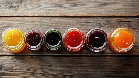A flat lay of glass jars filled with colorful homemade jams, placed on a rustic wooden tableの素材