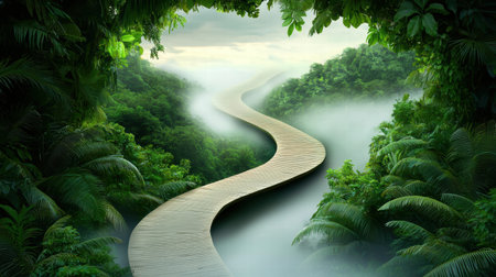 A mysterious jungle path winding through dense vegetation with a misty atmosphereの素材