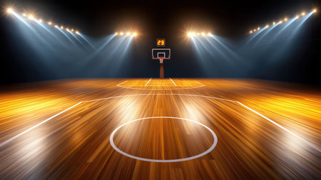 Hardwood basketball court with spotlight illuminating the center court linesの素材