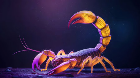 A scorpion illuminated under ultraviolet light, glowing eerily against a dark backgroundの素材