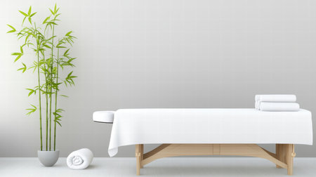 A minimalist massage table with white linens and a relaxing bamboo plant nearby.の素材