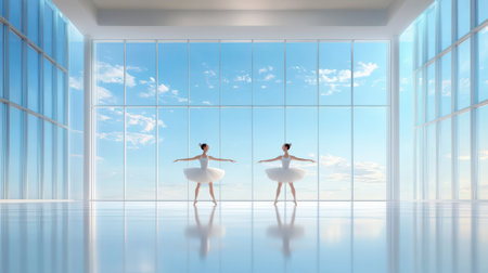 Pair of ballet dancers practicing en pointe, mirror reflections and studio ambianceの素材