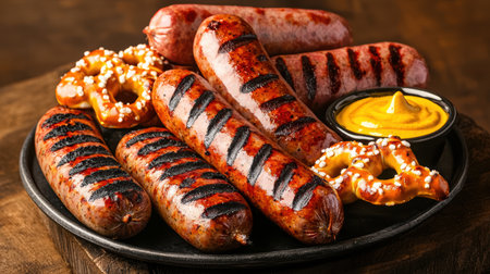 A platter of grilled sausages paired with mustard and fresh-baked pretzels.の素材