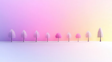 Multiple simple tree silhouettes arranged in geometric symmetry, soft gradient background adds depthの素材