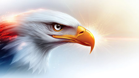 A patriotic Presidents Day vector featuring a bald eagle and glowing red, white, and blue accents.の素材