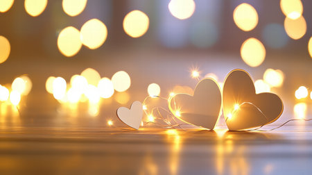 A close-up of paper cut-out hearts scattered on a wooden table, with romantic lighting enhancing the scene.の素材