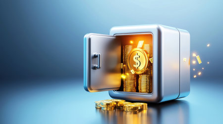 A 3D safe icon with an open door showing cash stacks and gold bars inside.の素材