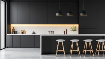 A luxurious clean kitchen with quartz countertops, elegant pendant lights, and stylish bar stools.の素材