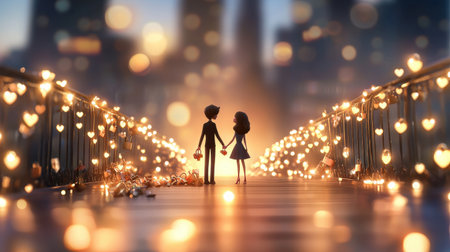 A romantic cityscape scene featuring a couple holding hands on a bridge filled with love locks.の素材