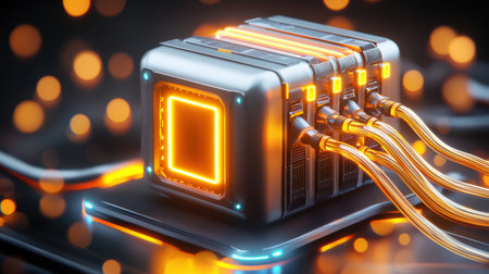 A 3D server icon with glowing data cables and detailed textures.の素材