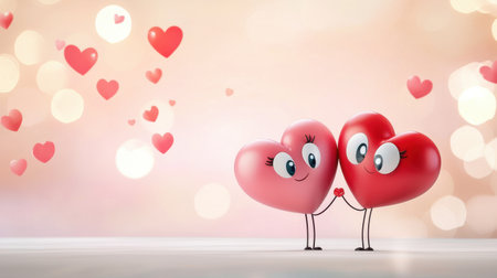A whimsical Valentines card with cartoon heart characters holding hands on a pastel background.の素材