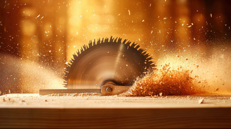 A circular saw blade resting on a plank of wood, with sawdust surrounding it.の素材