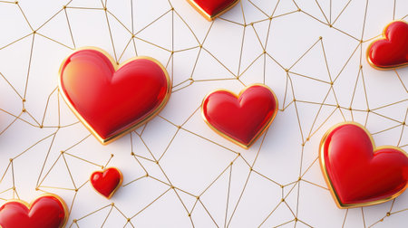 A geometric Valentine's Day pattern with interconnected heart shapes in gold and red.の素材