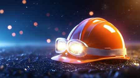 A reflective construction hat with built-in headlamp lying on a site floor.の素材