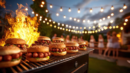 A backyard BBQ with a grill full of burgers and hot dogs, surrounded by cheerful guests and string lights in the evening.の素材