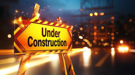 A bold "Under Construction" sign with caution tape and blurred scaffolding in the background.の素材