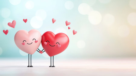 A whimsical Valentines card with cartoon heart characters holding hands on a pastel background.の素材