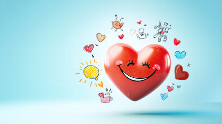 A cute Valentine's Day card for kids with a smiling heart and fun doodles of love and friendship.の素材