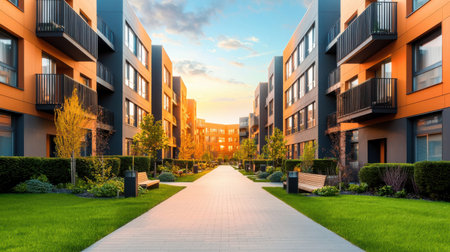 View of a multifamily apartment complex with contemporary architecture and green spaces.の素材