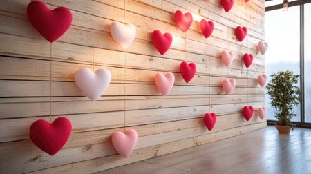 A wooden plank wall with Valentine garlands made of red and pink felt hearts.の素材