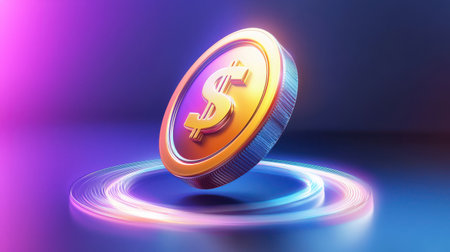 A vibrant 3D icon of a dollar coin spinning mid-motion with motion blur effects.の素材