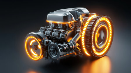 Stylized 3D car engine icon with glowing edges, showcasing internal parts and mechanics.の素材
