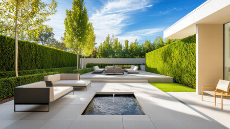 A modern backyard with sleek furniture, a water feature, and tall privacy hedges framing the sunny outdoor space.の素材