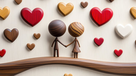 Wooden carvings of a couple holding hands, displayed with a Valentine theme.の素材