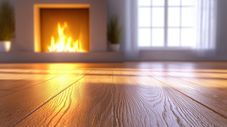 Living room floor with textured laminate and a sleek fireplace in the background.の素材