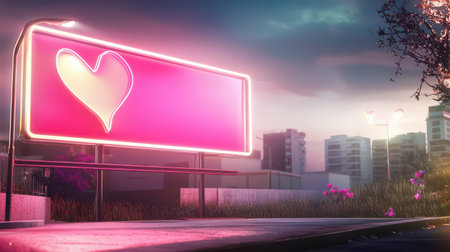 A Valentine's Day sale announcement on a glowing pink billboard.の素材