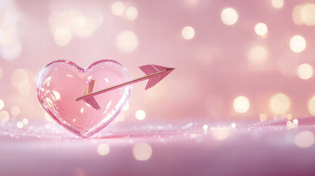 Heart-shaped candy with a decorative arrow piercing through it, placed on a festive pink background with soft glowing lightsの素材