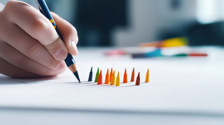 A close-up of a child drawing with crayons on a white sheet of paper, focusing on the creative process.の素材