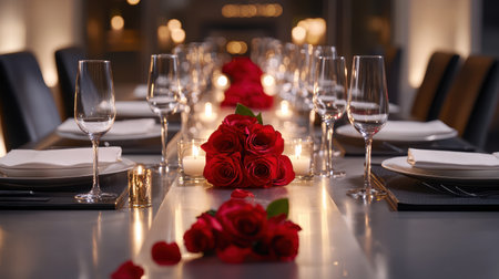Elegant dining table set up with red roses, wine glasses, and candles for a Valentine's Day dinnerの素材