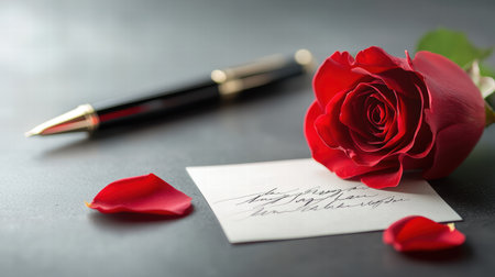 A romantic red rose with a handwritten love letter and an elegant pen, perfect for a Valentine's Day proposal.の素材