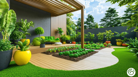 A tranquil backyard with a vegetable patch, wooden deck, and a shaded pergola surrounded by vibrant potted plants.の素材