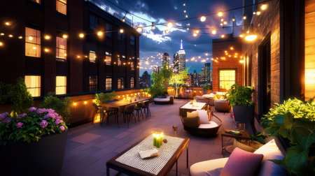 A vibrant NYC apartment rooftop with plants, string lights, and seating areas.の素材