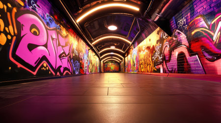 Urban-themed poster with graffiti art and vibrant street-style graphics.の素材