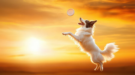 A border collie jumping to catch a frisbee in mid-air at sunset.の素材