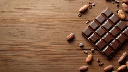 A close-up of rich dark chocolate squares on a rustic wooden table, with cocoa beans scattered around.の素材
