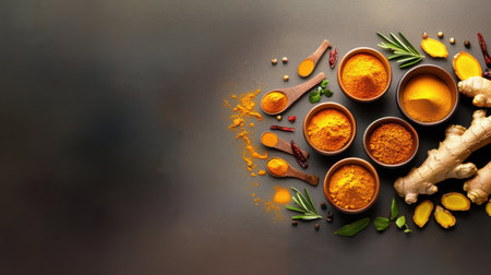 A detailed shot of fresh turmeric and ginger roots alongside powder in small bowls for a natural healing concept.の素材