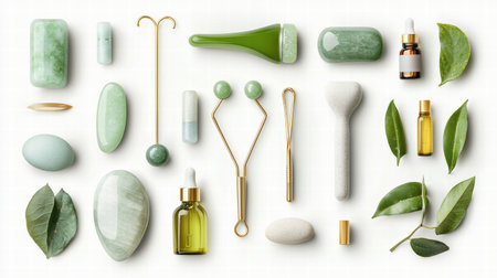 A top view of massage tools like jade rollers, gua sha stones, and calming oils.の素材