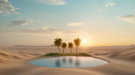 A small oasis surrounded by palm trees, contrasting against the vast desert.の素材