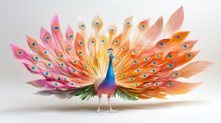 A peacock spreading its tail feathers in a dramatic display of color.の素材