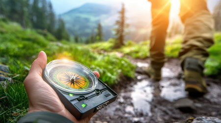A person holding a compass and standing on a trail in the wilderness, using traditional navigation methods.の素材
