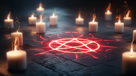 A glowing red pentagram inscribed on a dark stone floor, surrounded by flickering candles.の素材
