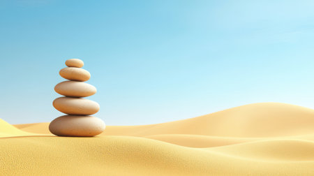 Desert rocks stacked in a natural cairn, with golden sands stretching into the horizon.の素材