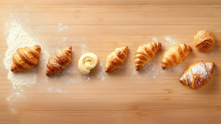 Freshly baked croissants and pastries arranged neatly on a wooden kitchen counter with flour scattered.の素材