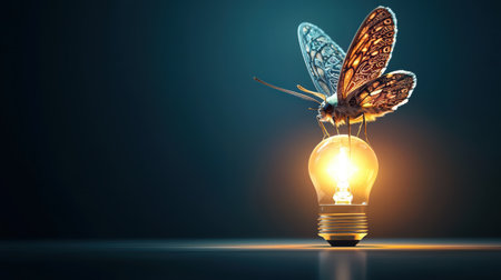 A moth perched on a glowing lightbulb in a dark room, wings patterned with intricate designsの素材