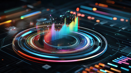 A colorful sound spectrum displayed on a futuristic, holographic interfaceの素材